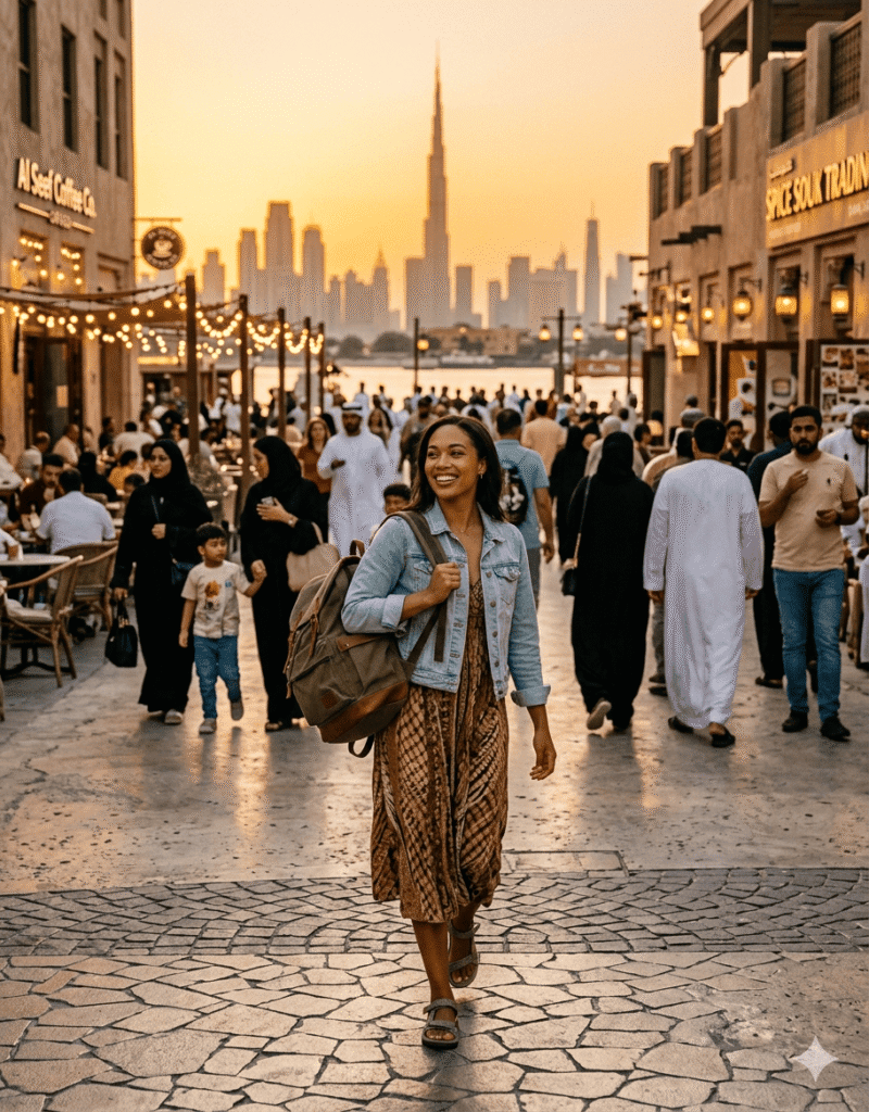 This image shows a person walking through a bustling outdoor promenade in Dubai. 
