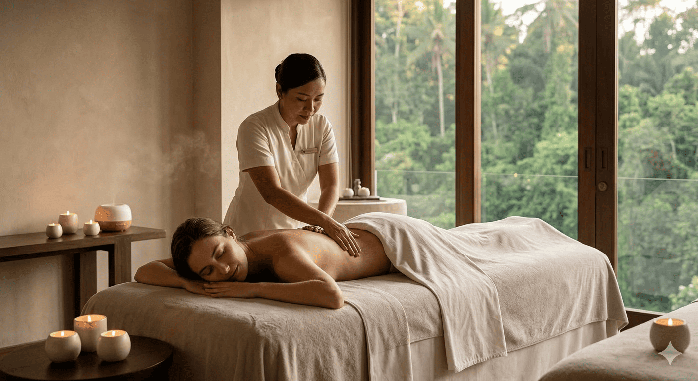 This image shows a professional spa treatment, specifically a massage being performed in a serene, nature-oriented setting.