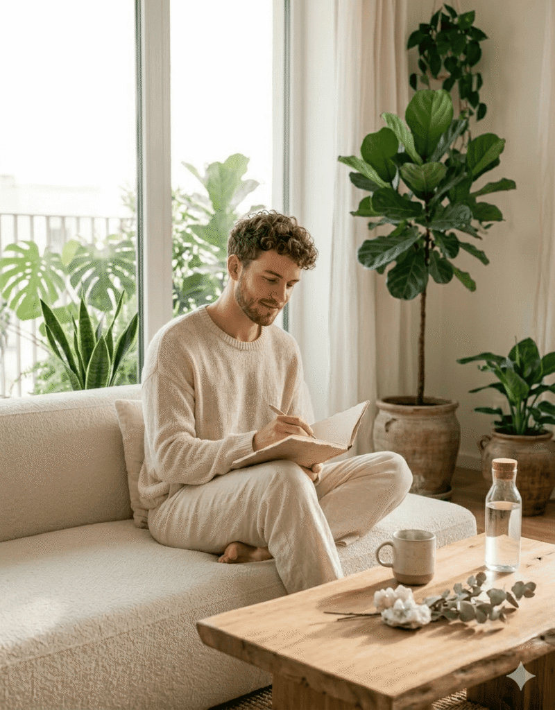 This image shows a person sitting on a sofa in a bright writing in a notebook.