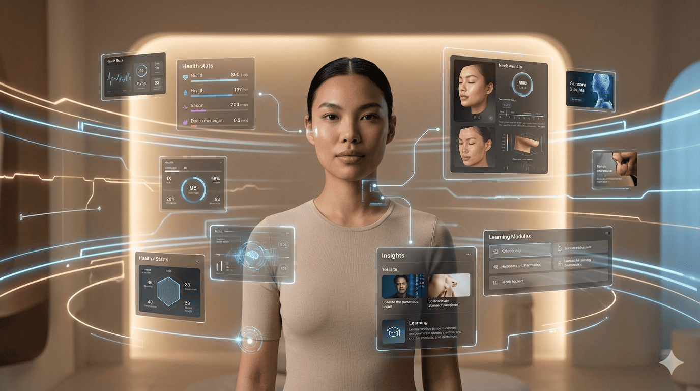 This image displays a futuristic interface showcasing various health and skincare data analytics presented in a holographic display format. Photo courtesy of AI.