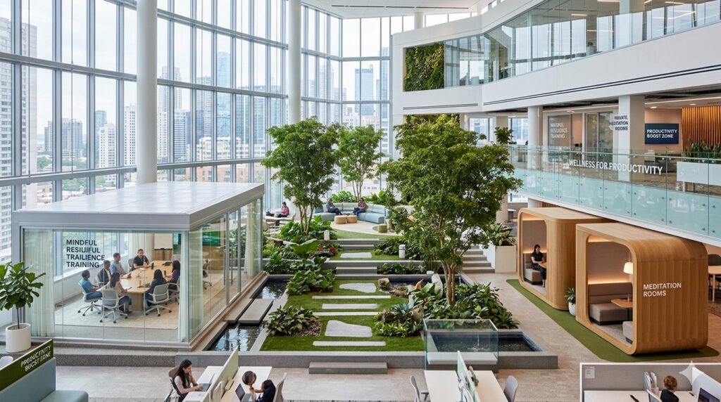 The image displays a modern which emphasizes wellness and productivity.