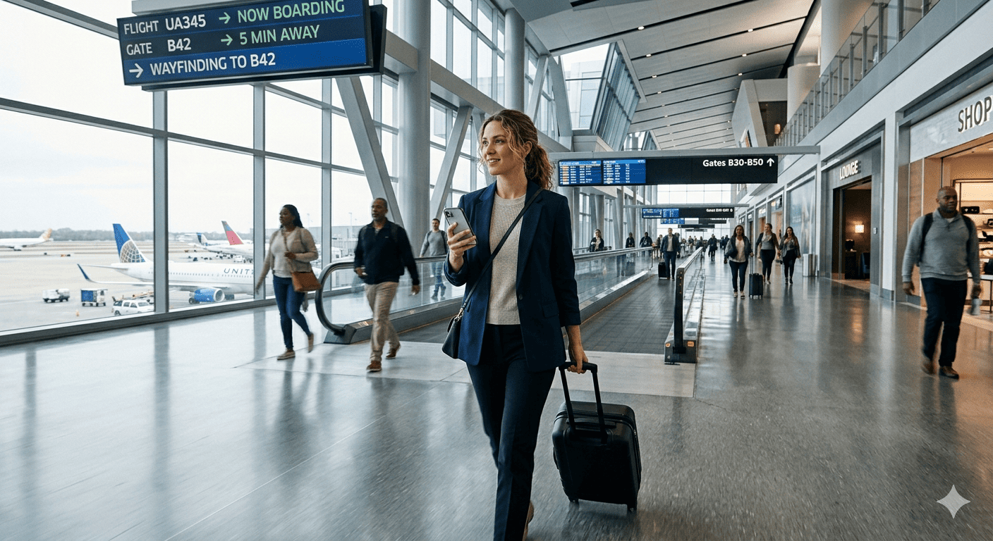 This image shows a scene inside a modern airport terminal. 