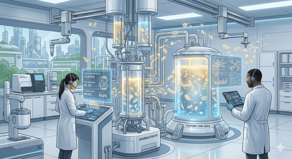 This image illustrates a highly automated, futuristic bioprocessing laboratory.
