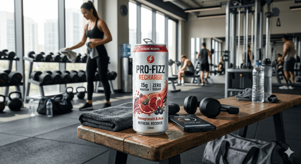 The image shows a can of sparkling protein beverage designed for post-workout refreshment.