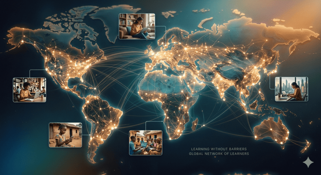 The image features a digital illustration of a world map with glowing connection lines, symbolizing global connectivity and digital integration.