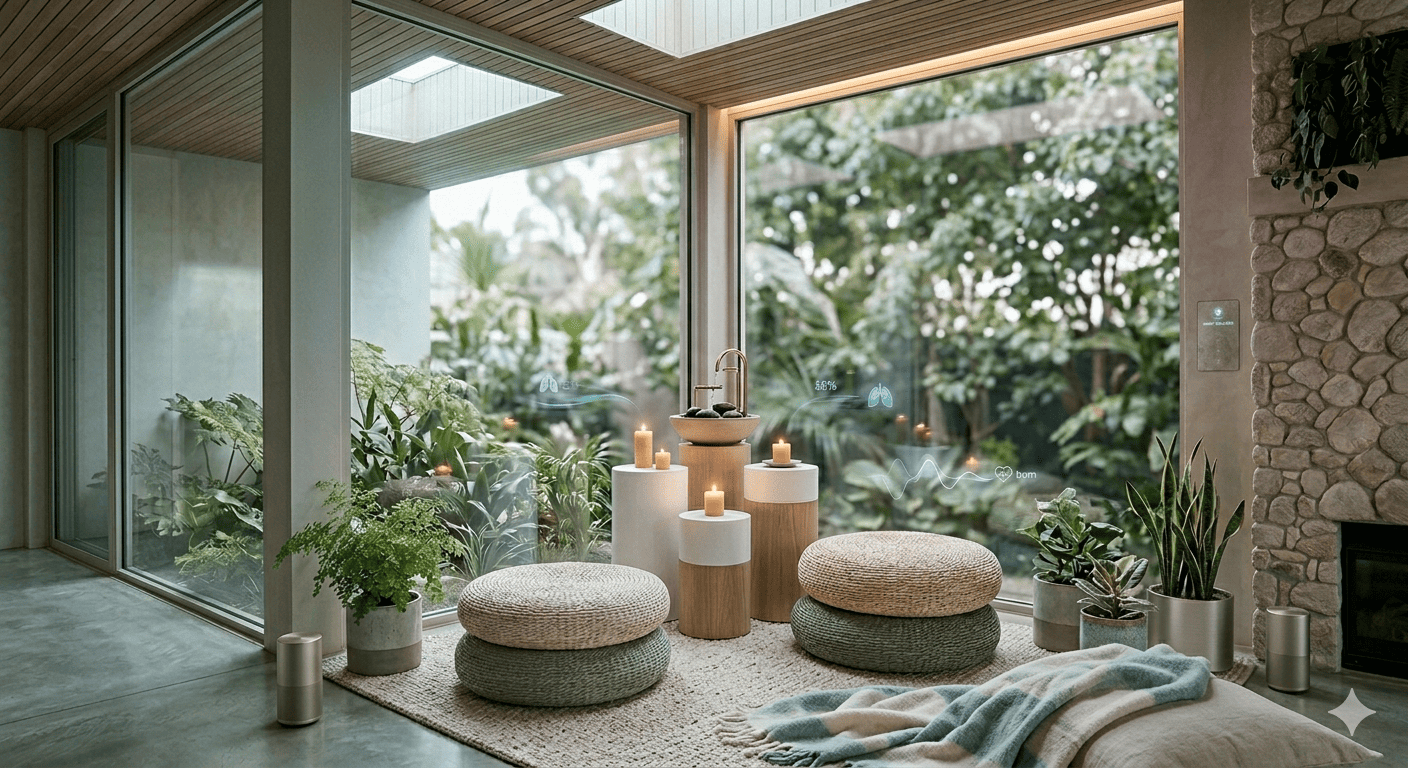 This image features a modern, nature-inspired interior living space.