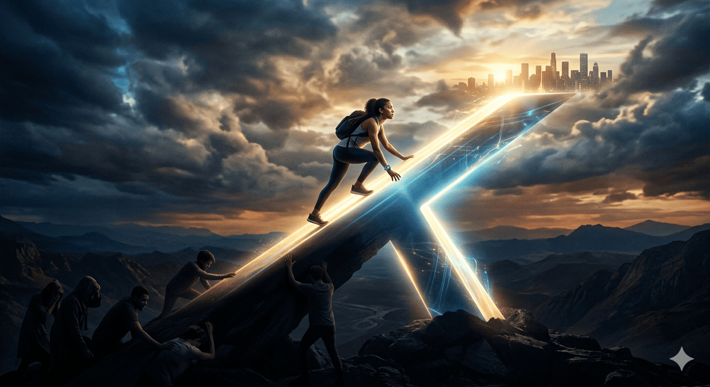 The image depicts a symbolicc representation of human progress, ambition and the journey toward a higher goal.