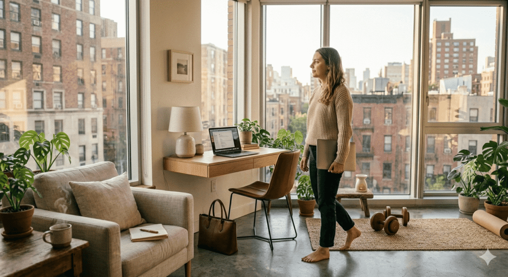 This image shows a person standing in a brightly lit, modern apartment. 