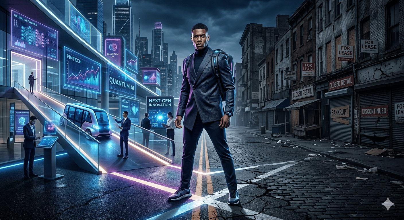 This image features a split-perspective scene that contrasts a futuristic cityscape with a decaying, abandoned street.