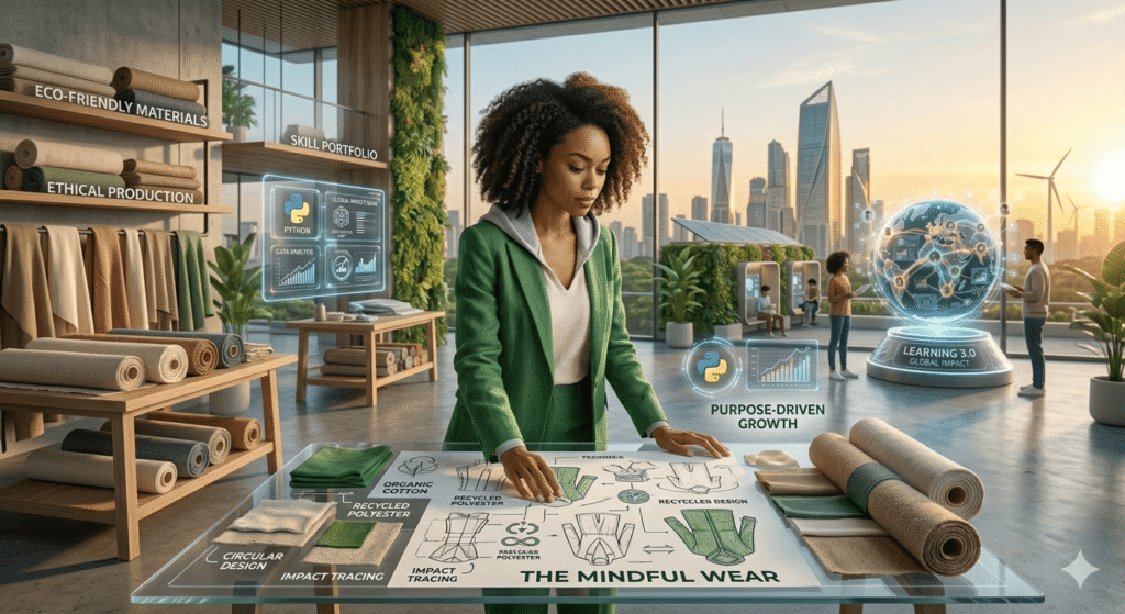 The image depicts a futuristic and eco-conscious professional environment.