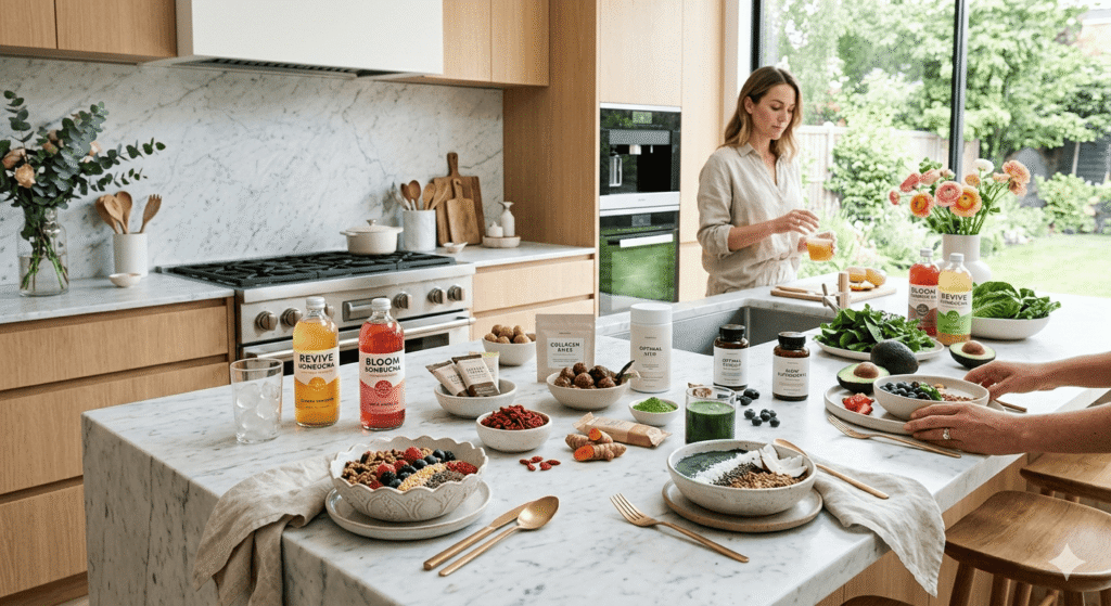 The image depicts a lifestyle scene in a kitchen featuring various health-focused food items.