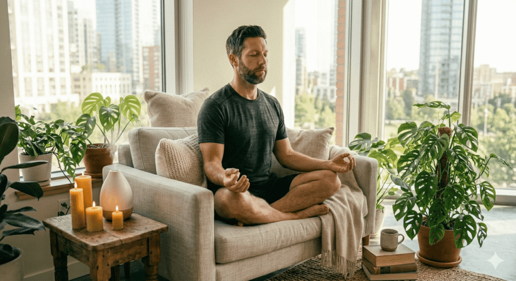The image shows a man sitting comfortably in a meditative posture on a sofa.