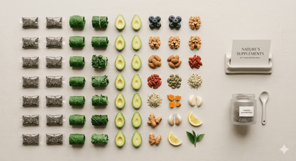 This image showcases various whole foods often referred to as "nature's supplements"