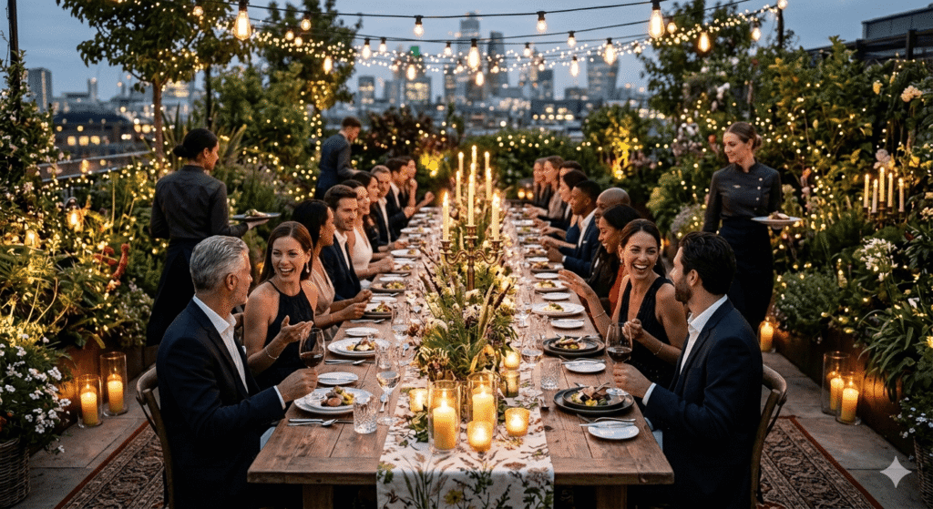 This image captures a festive rooftop dinner. 