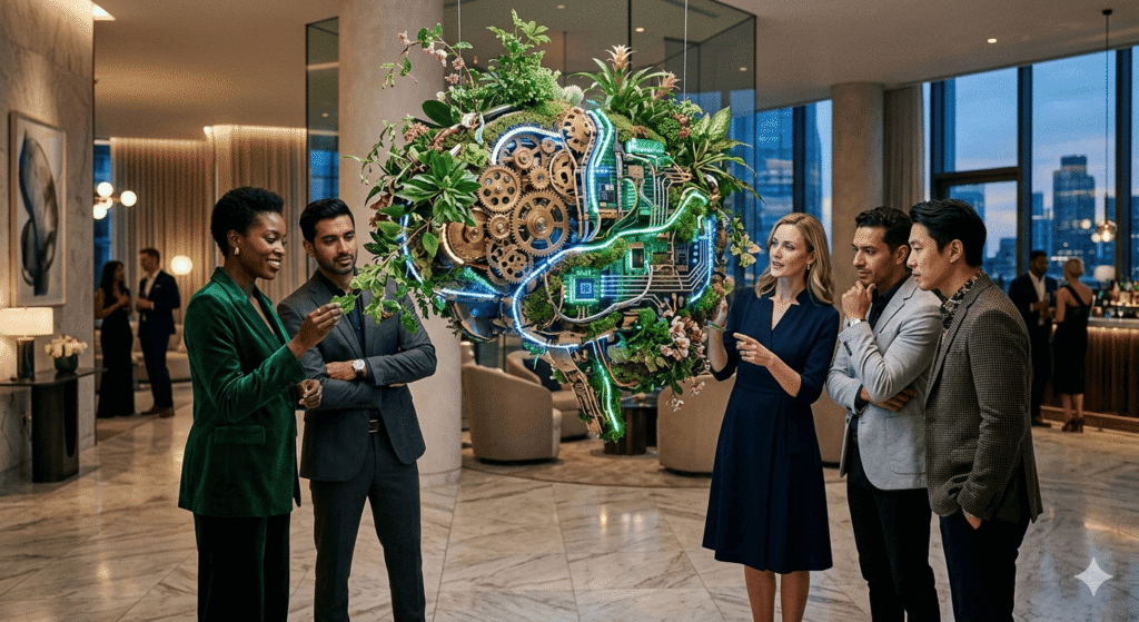 This image shows a group of diverse professionals in a contemporary, high-end environment