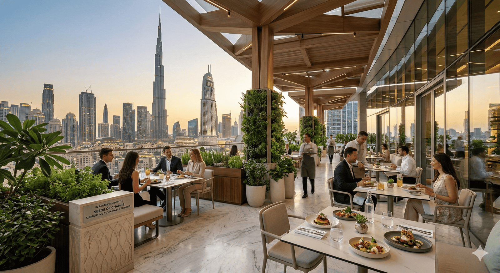 This image shows the terrace of a Restaurant in Dubai, featuring a panoramic view of the Burj Khalifa. 